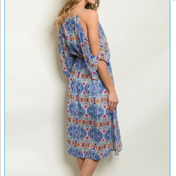 —SALE— Blue Floral Cold Shoulder Midi Tunic Dress Sizes Small & Large - Picture 2 of 7
